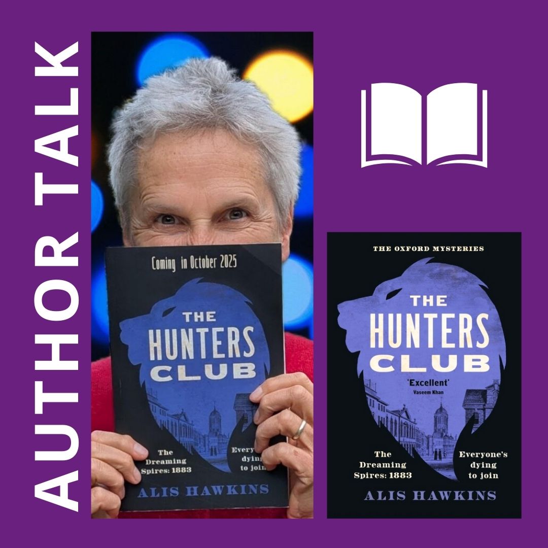 Two images side by side: a photo of the author, a woman with short white hair holding her book in front of her face with smiling eyes, and beside it an image of the book cover titled 'The Hunters Club'