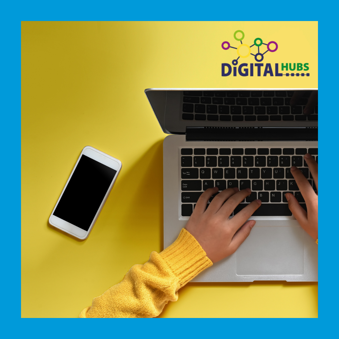 Digital Hubs Logo over an image of a laptop and phone on yellow background