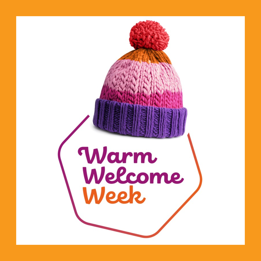Text reading Warm Welcome Week under a woolly hat