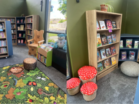 Images of the newly refurbished Tetbury Library, with new shelving, a colourful rug and toadstool seats