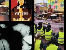 A collage of photos including black and white Archive photos, book covers, school visits with Afro-Caribbean storytelling, Windrush speakers, and the Miss Windrush puppet
