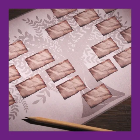 A photo of a family tree and a pencil resting beside it