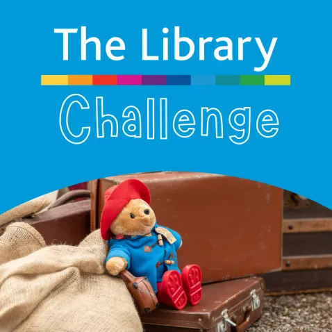 The Library Challenge Logo on a blue background with a picture of Paddington Bear below
