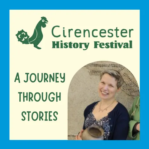 A photo of Valija Evalds with the Cirencester History Festival logo above