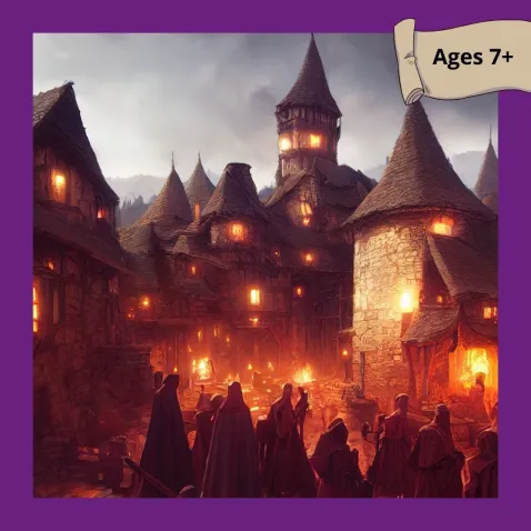 A painting of a medieval fantasy village at dusk with a silhouette of a group of cloaked adventurers in front, and the word 'ages 7+' in the corner.