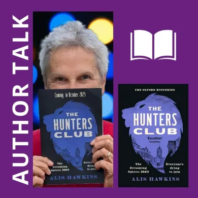 Two images side by side: a photo of the author, a woman with short white hair holding her book in front of her face with smiling eyes, and beside it an image of the book cover titled 'The Hunters Club'