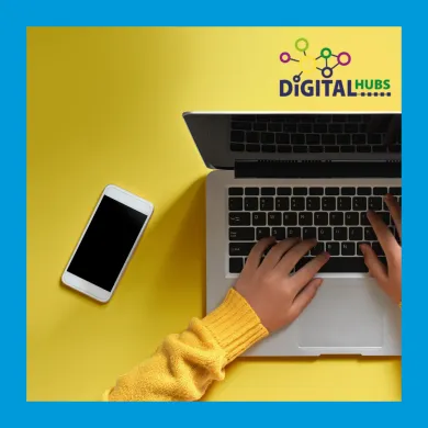Digital Hubs Logo over an image of a laptop and phone on yellow background