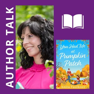 An image of the author, a smiling woman with dark hair in a pink blouse, next to a book cover image titled 'You Had Me at Pumpkin Patch'