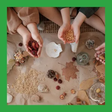 A photo of different leaves, seeds, and rocks arranged on a brown paper surface, with children's hands interacting with the different natural items.