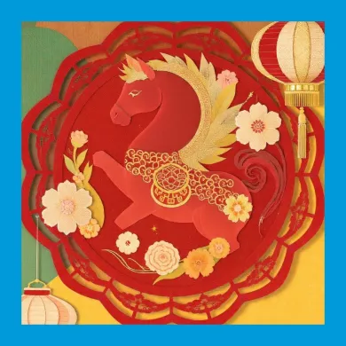 A photo of a red and gold paper craft featuring a horse in Asian style