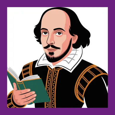 illustration of William Shakespeare holding a book