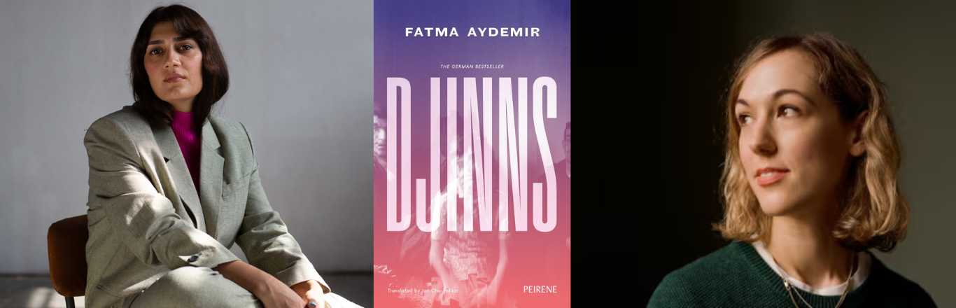 Headshot of Fatma Aydemir and Anna Metcalfe, separated by the book cover of Djinns