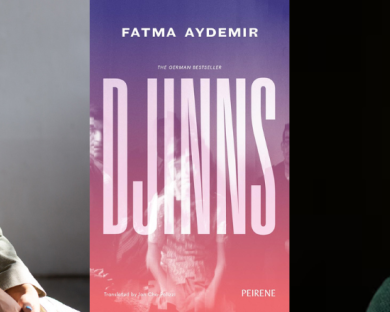 Headshot of Fatma Aydemir and Anna Metcalfe, separated by the book cover of Djinns