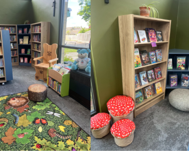 Images of the newly refurbished Tetbury Library, with new shelving, a colourful rug and toadstool seats