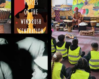 A collage of photos including black and white Archive photos, book covers, school visits with Afro-Caribbean storytelling, Windrush speakers, and the Miss Windrush puppet