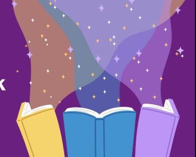 Text reading: National Storytelling Week, with a graphic of three books opening and sparkling steams of magic rising out of them.