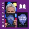 Two images side by side: a photo of the author, a woman with short white hair holding her book in front of her face with smiling eyes, and beside it an image of the book cover titled 'The Hunters Club'